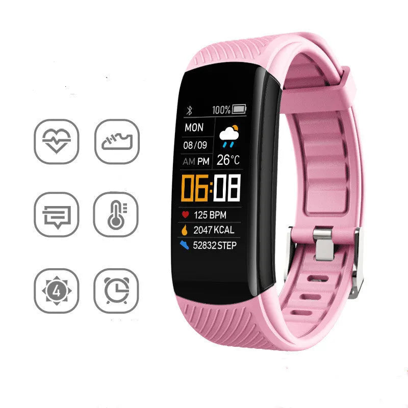 Black TPU pedometer bracelet with 0.96-inch touchscreen displaying step count on wrist