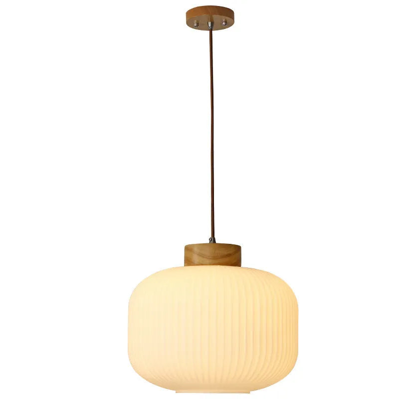 Natural wood retro Nordic pendant ceiling light with a vintage-style open shade.