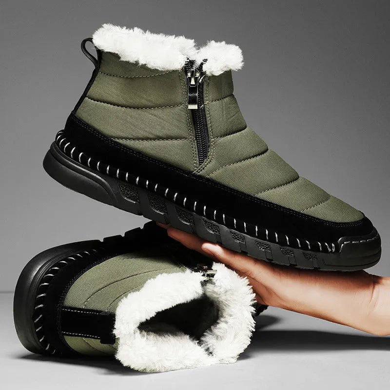 Men's plus size snow boots in black blue green yellow with artificial plush lining and rubber soles