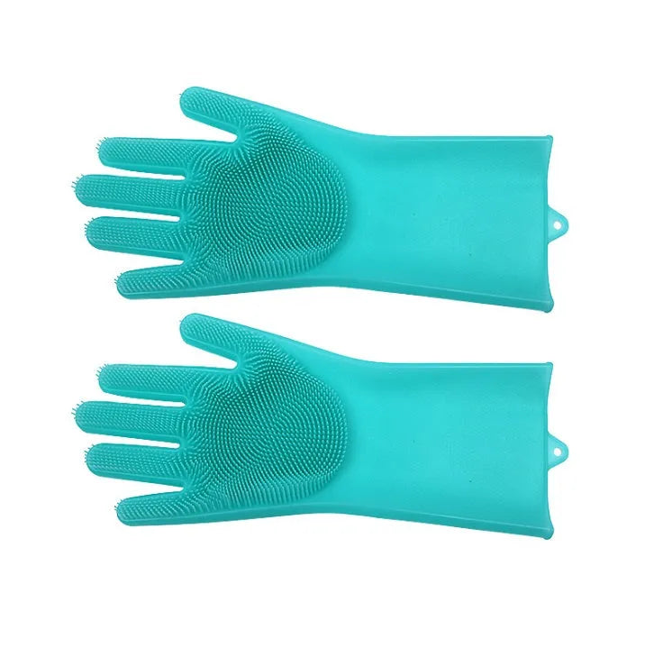 Silicone heat-resistant cleaning gloves in blue, showing non-slip surface and size of 357mm by 165mm