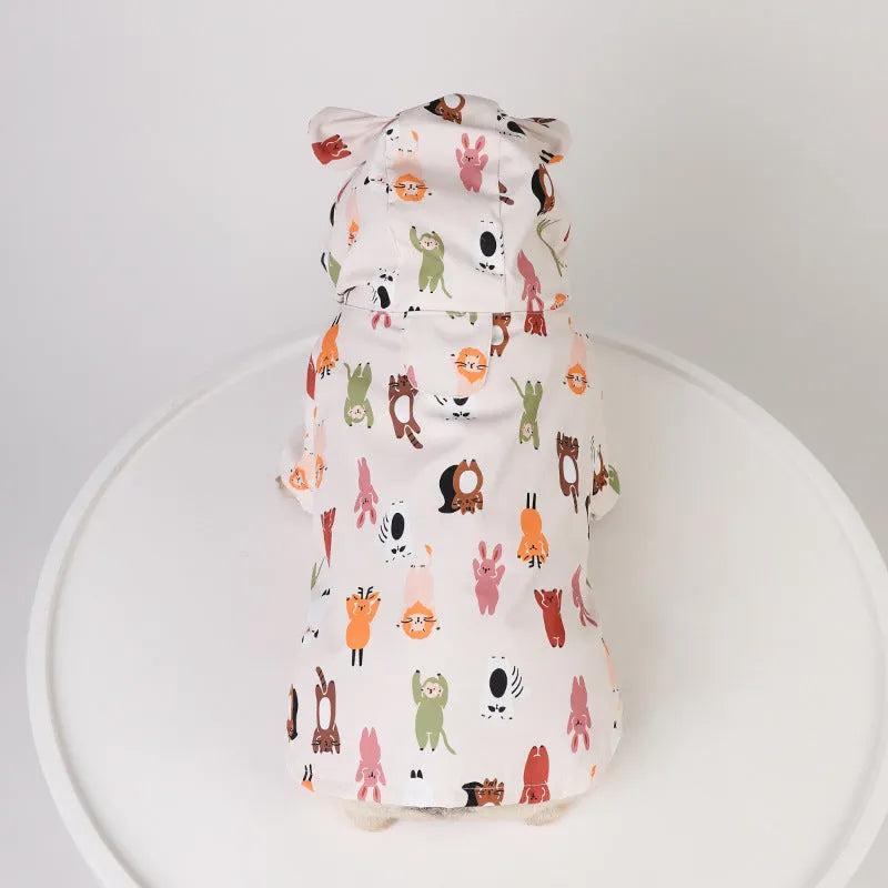 Beige cartoon dog raincoat with waterproof coating in cat head design