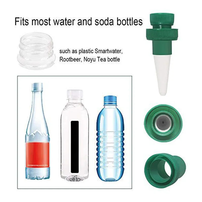 Green ceramic automatic water dripper for plant irrigation attached to a bottle.