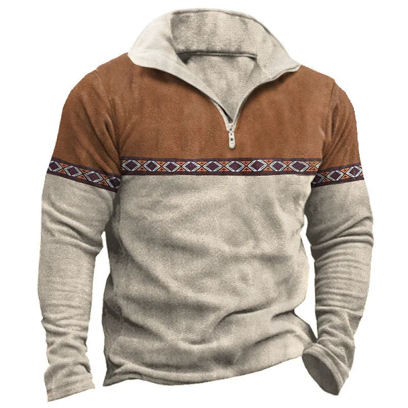 Retro patchwork zip-front polo shirt sweater in cotton blend fabric