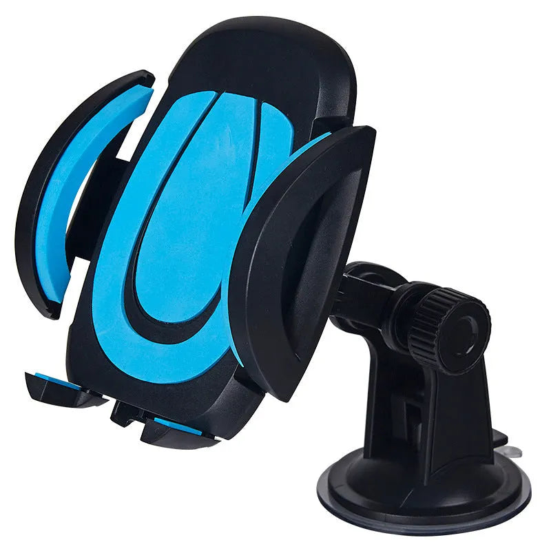 Blue U-shaped mobile phone bracket with suction cup mount showing clamp arms open for device insertion