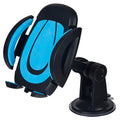 Blue U-shaped mobile phone bracket with suction cup mount showing clamp arms open for device insertion