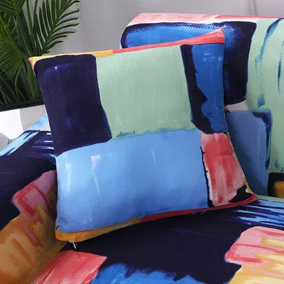Geometric pattern stretchable sofa slipcover on three-seater sofa showing tight fit without wrinkles