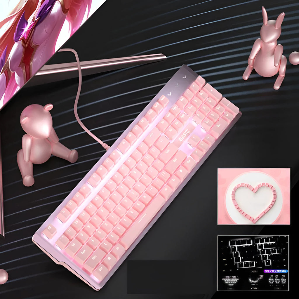 Girly pink mechanical keyboard with 104 keys showing green, black, or red switch options
