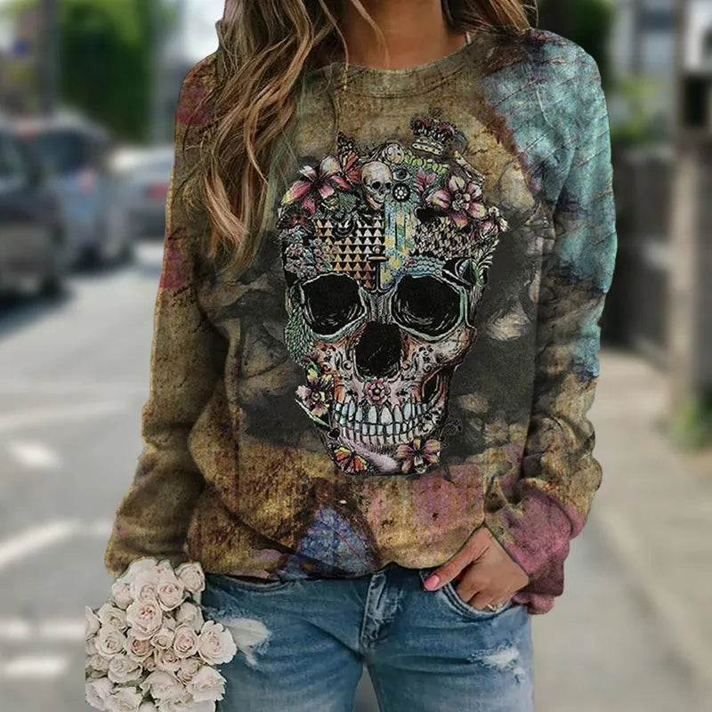 Black long sleeve sweatshirt with a detailed skull graphic print on the front.