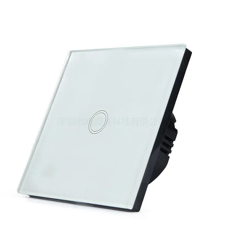 Touch switch with tempered glass panel for lighting control, 86mm square dimensions
