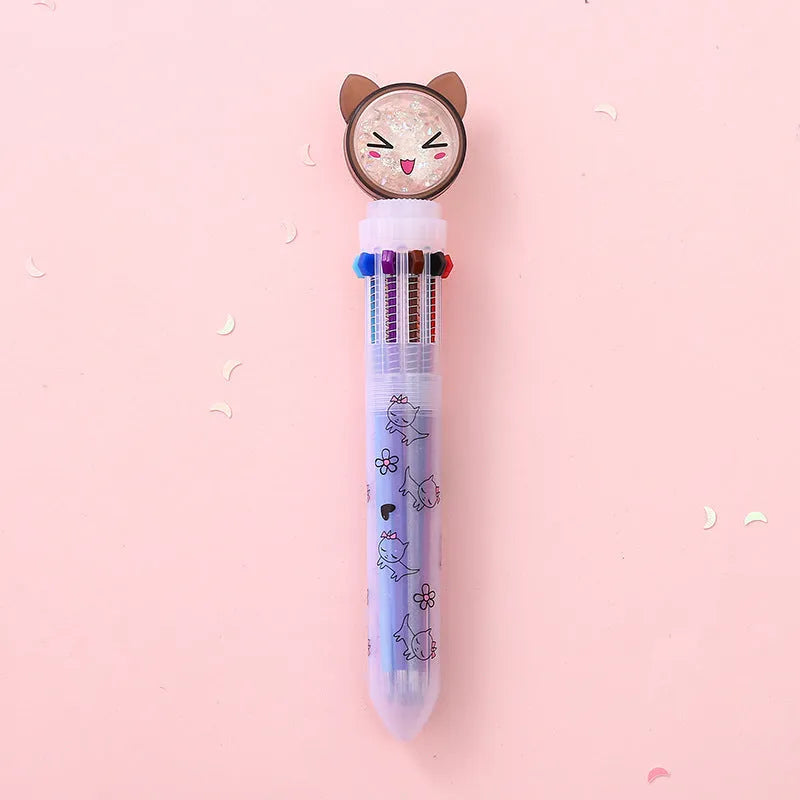 Cute cat design ten-colour push-type student pen with 0.5mm nib and 15cm length