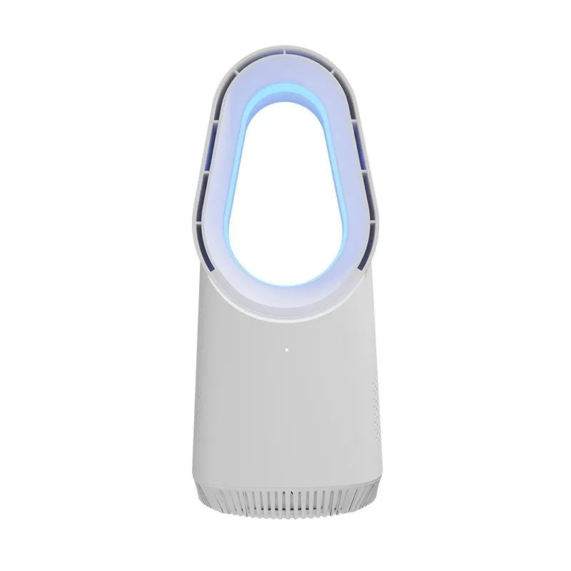 SK Bladeless Fan in white with remote control and touch screen, placed on a desk or floor