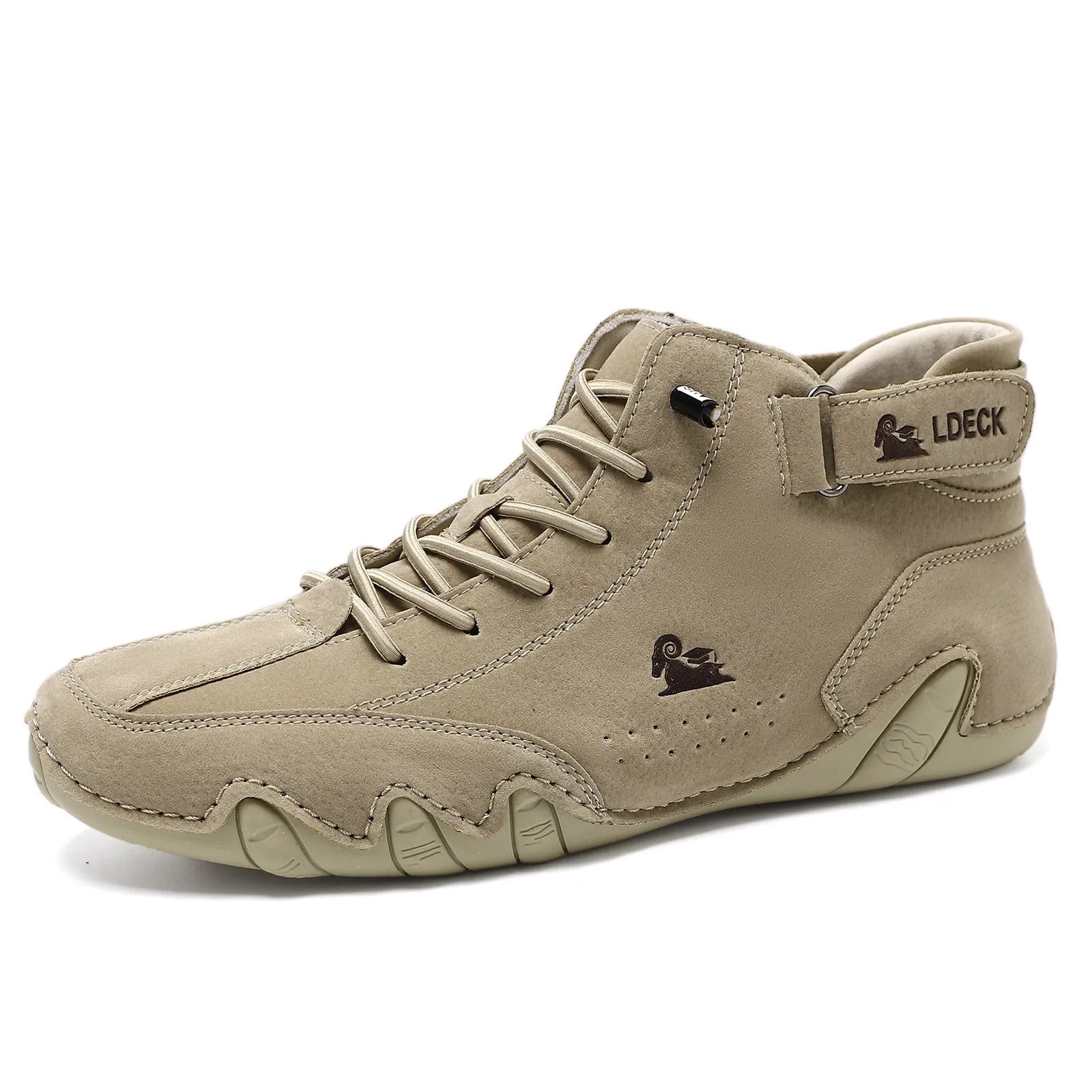 High top men's shoes in khaki with rubber soles and microfiber uppers, showing round toe and pigskin boot tube