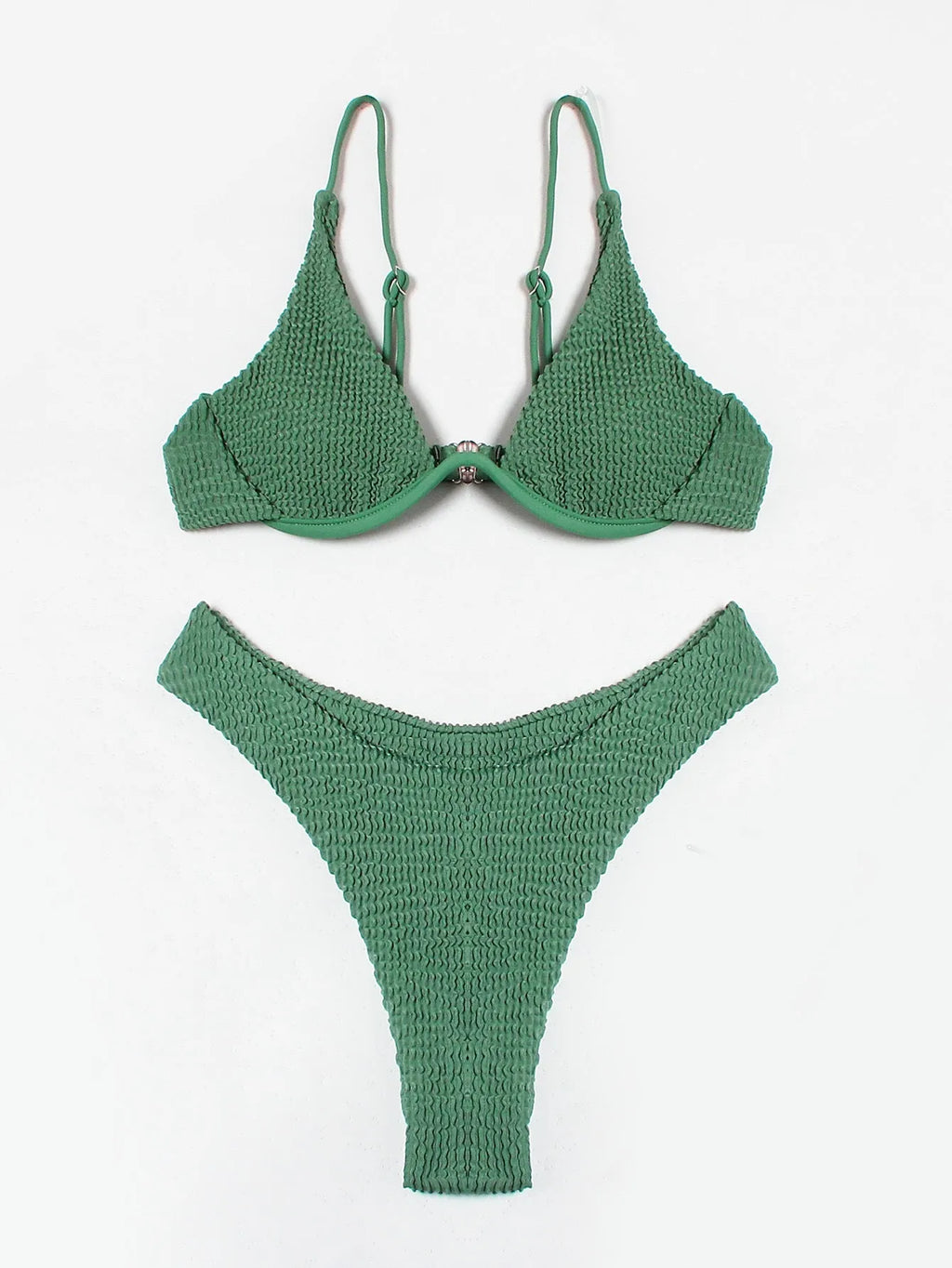 Green solid colour women's bikini with ruffle detail on top and briefs bottoms