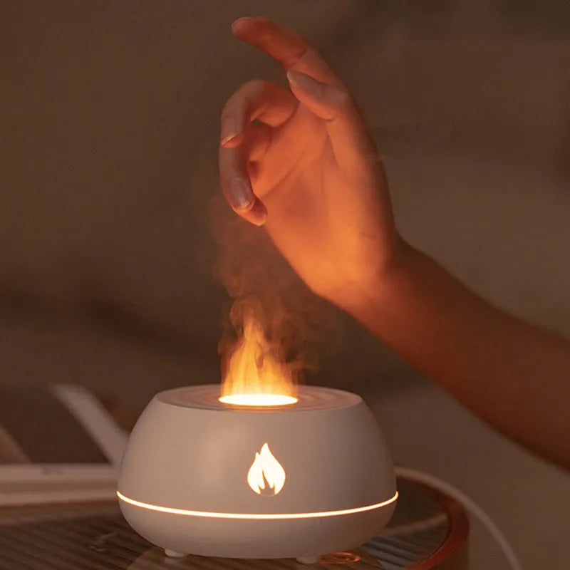 Black USB flame effect aromatherapy humidifier diffuser with LED lights and directional mist nozzle