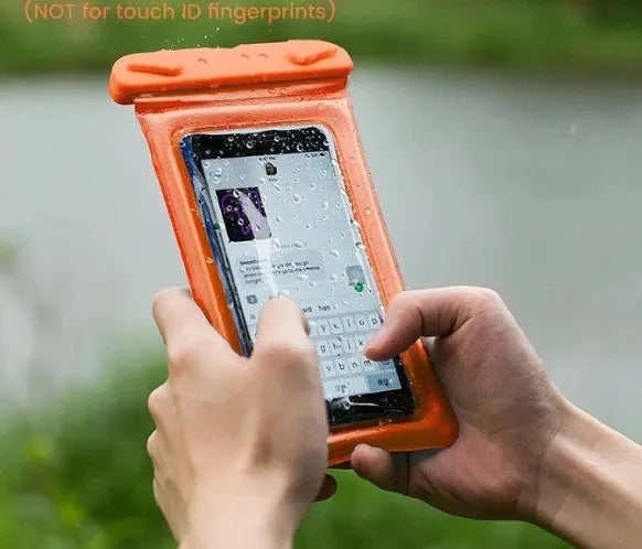 Double airbag mobile phone waterproof bag in orange with 45cm rope and ABS switch, showing lightweight design