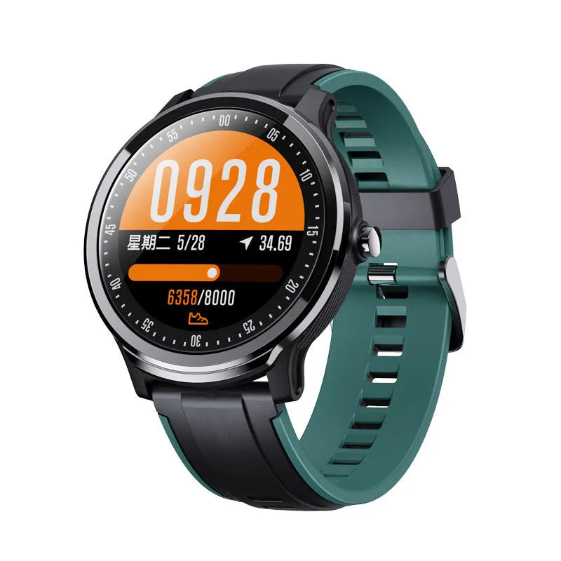Green waterproof smart watch with heart rate monitor and multi-sport tracking on wrist