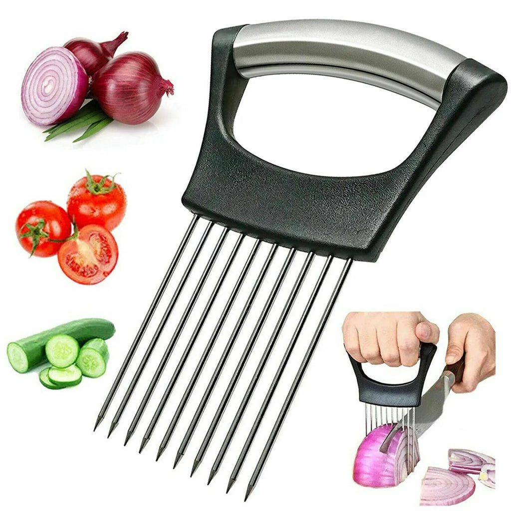 Stainless steel onion holder slicer with ABS base, measuring 14cm by 9.5cm, for secure food cutting