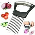 Stainless steel onion holder slicer with ABS base, measuring 14cm by 9.5cm, for secure food cutting