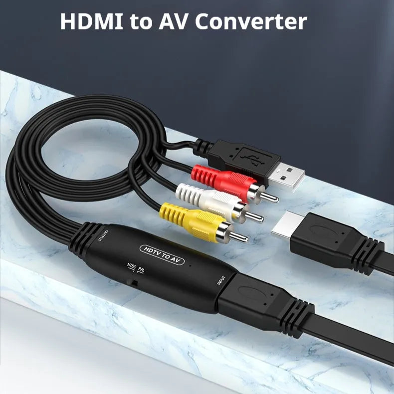 HDMI to AV converter adapter cable with 110cm length showing HDMI connector and dual AV output options