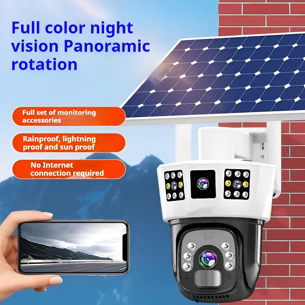 Solar-powered binocular outdoor security camera with dual lenses on a mounting bracket.
