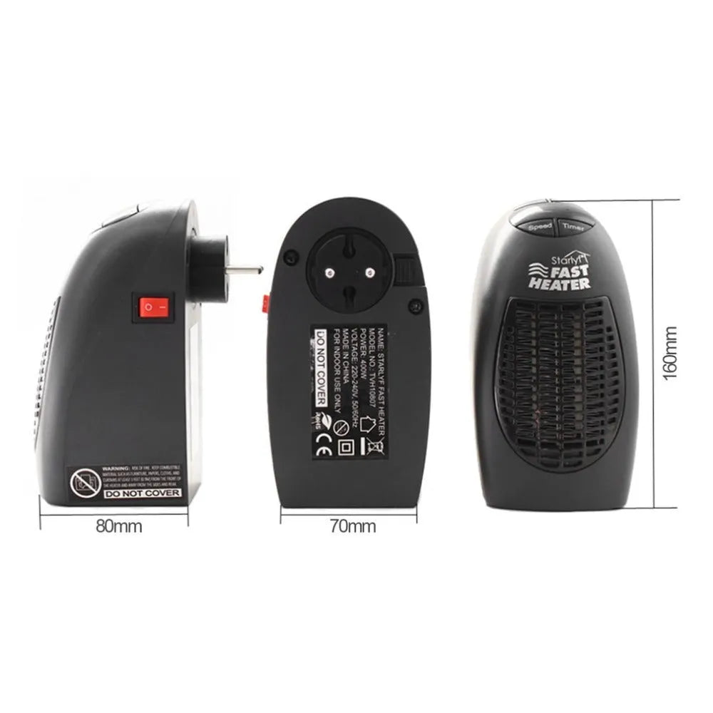 Black compact electric heater with digital display and rotating plug on a desk