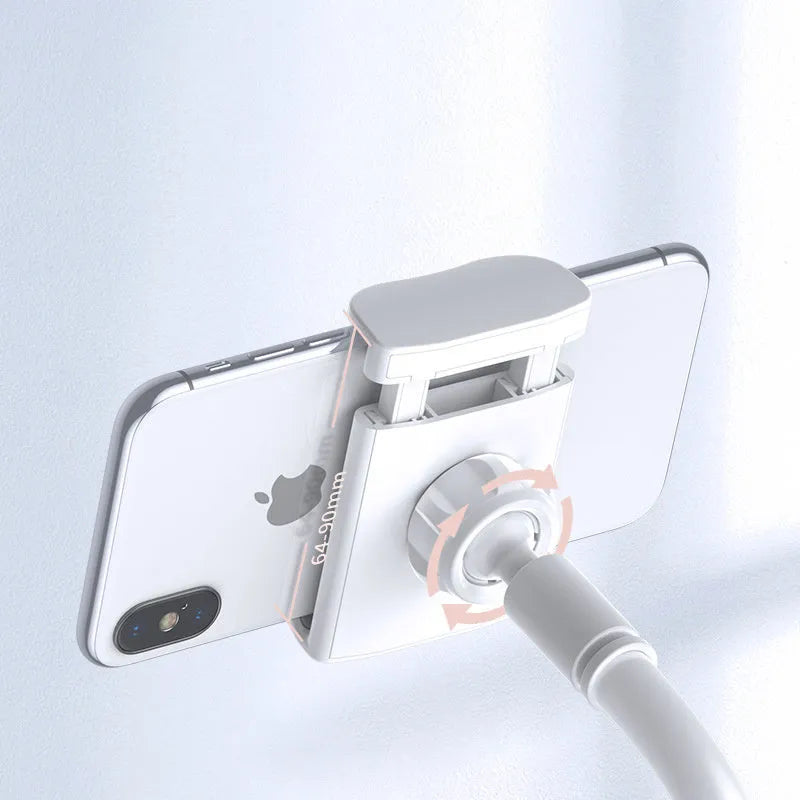 Lazy phone holder in aluminium alloy and plastic with 64-90mm clamp and 90mm base clip for table or bed head