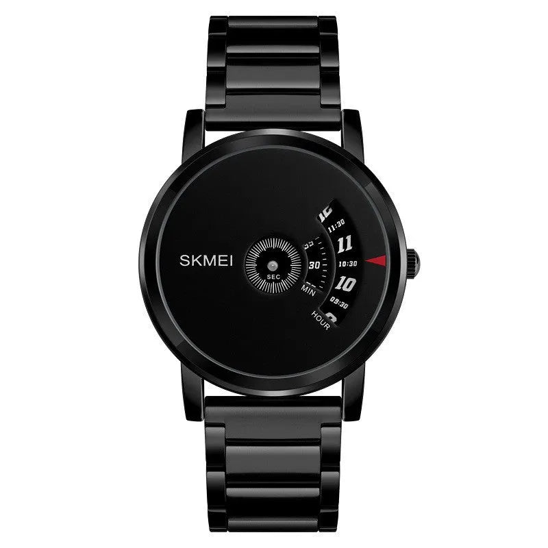 Personalised business men's quartz watch with 39mm dial, 9mm thickness, alloy case and steel belt in silver or black finish.