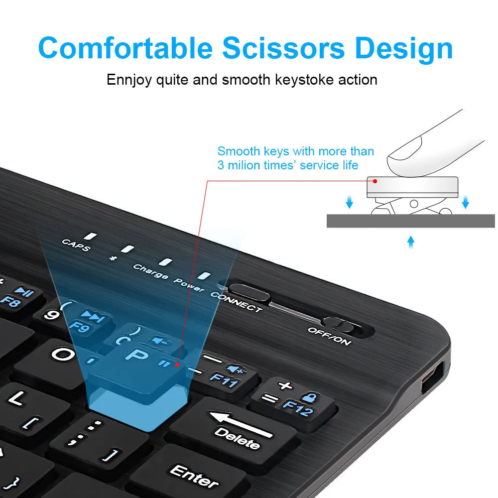 Mini Bluetooth wireless keyboard in black or white, showing compact design for 7-inch to 10-inch devices with 44-hour battery