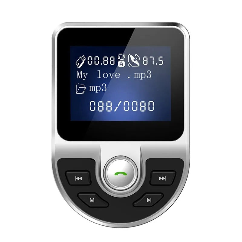 Black Bluetooth 5.0 FM transmitter car MP3 player with USB charger, digital display, and hands-free calling.