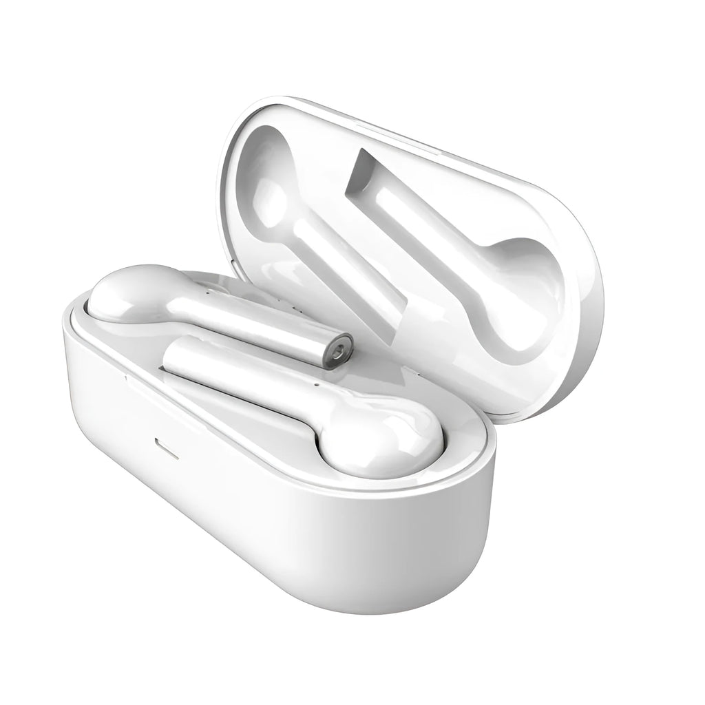 Black and white touch-controlled wireless in-ear headphones with a charging case.