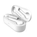 Black and white touch-controlled wireless in-ear headphones with a charging case.