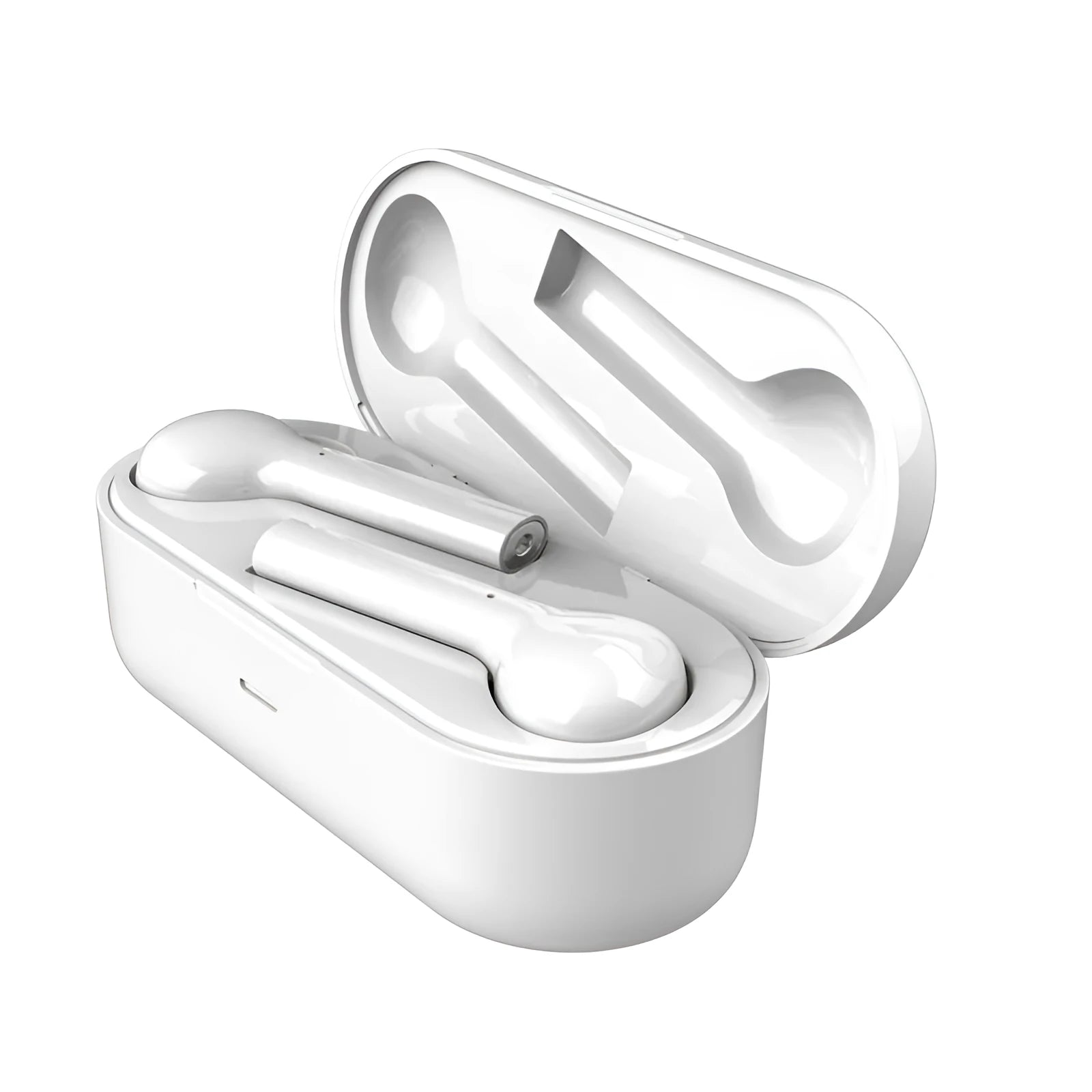Black and white touch-controlled wireless in-ear headphones with a charging case.