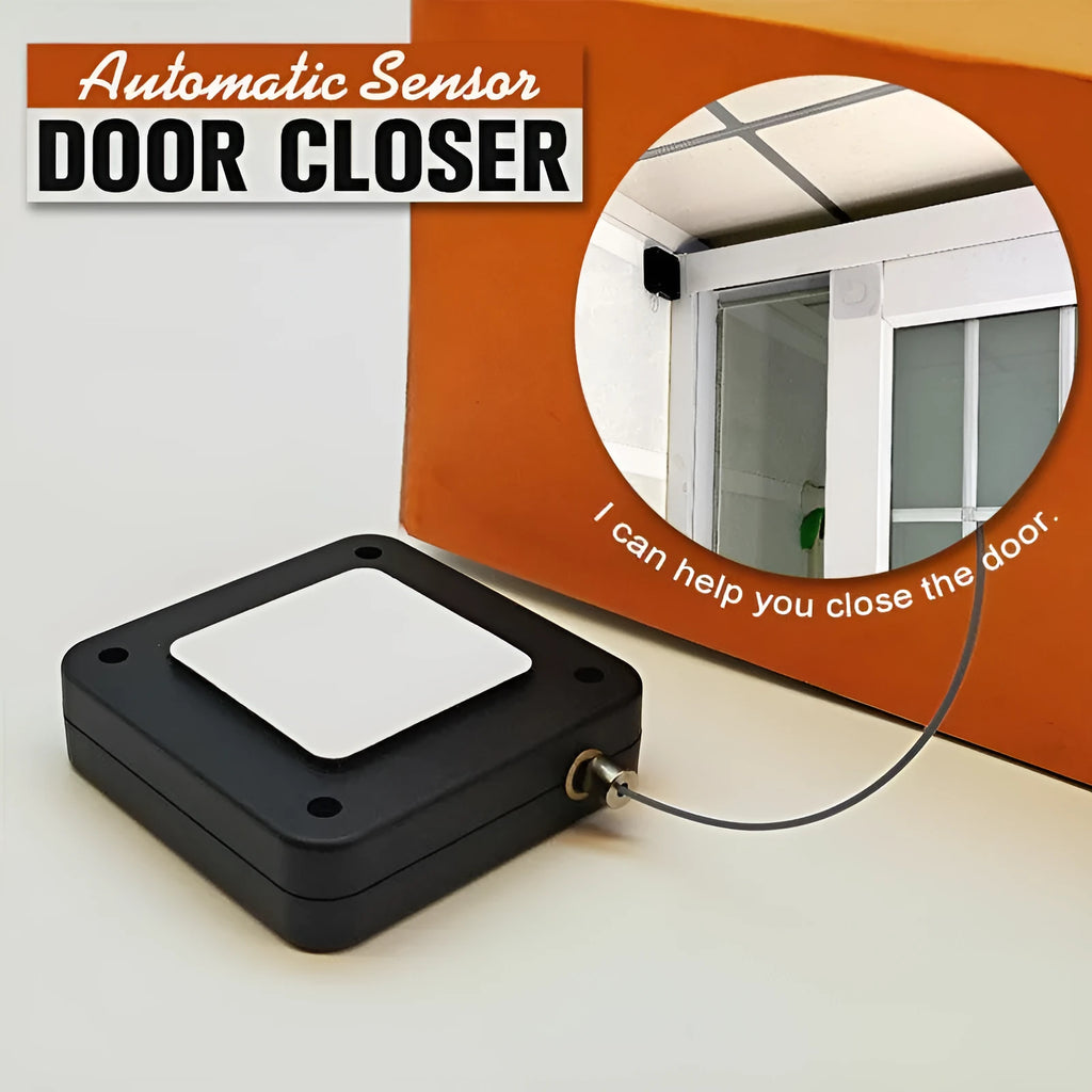 White automatic door closer tension box with adhesive backing and transparent hook for punch-free installation.