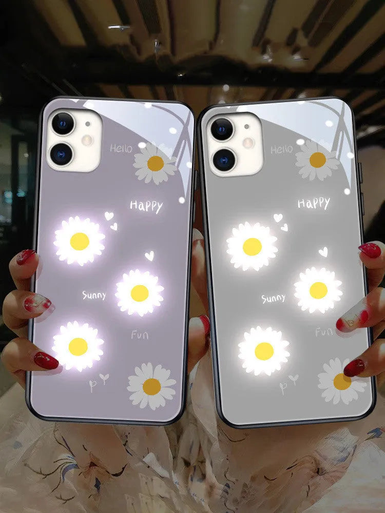Luminous phone case with painted white daisy design and voice-activated colour light for Apple iPhone protection