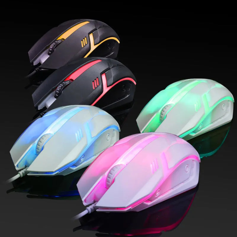 Wired computer mouse with luminous finish and USB cable, showing black and white colour options