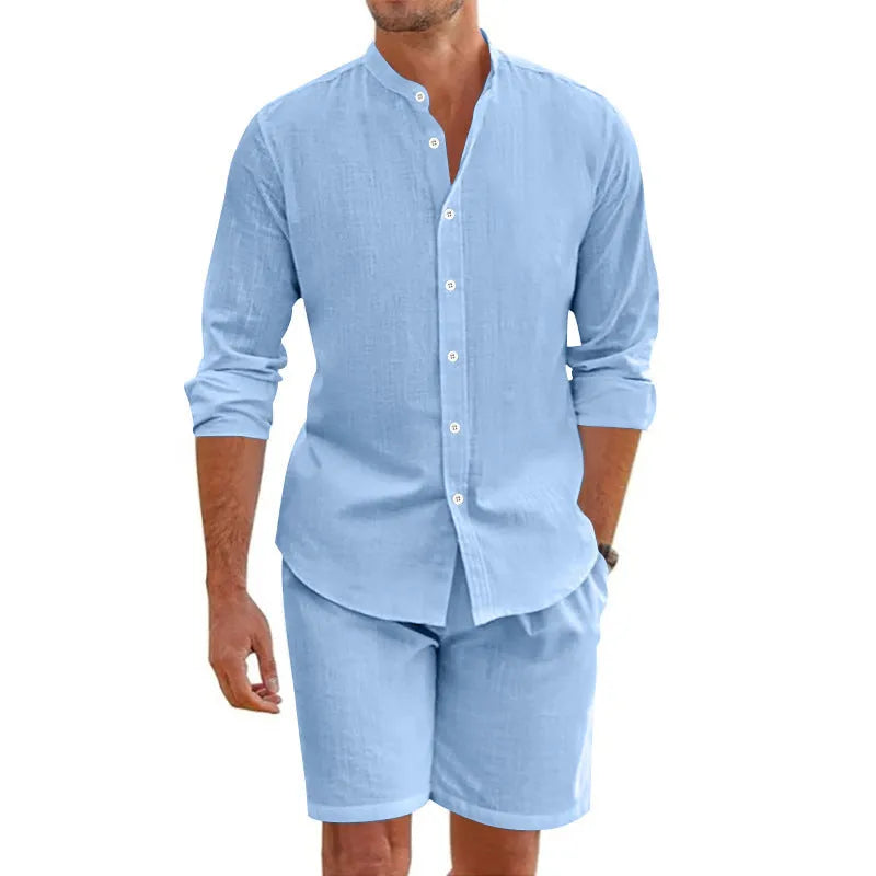 Men's dark grey linen-blend short sleeve shirt and drawstring shorts summer set laid flat.