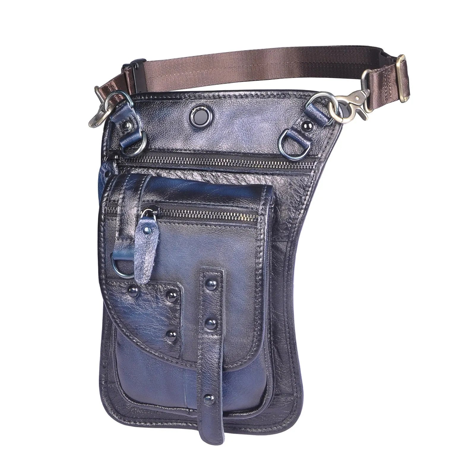 Men's black punk fanny pack made of genuine cowhide leather with zipper and internal compartments.