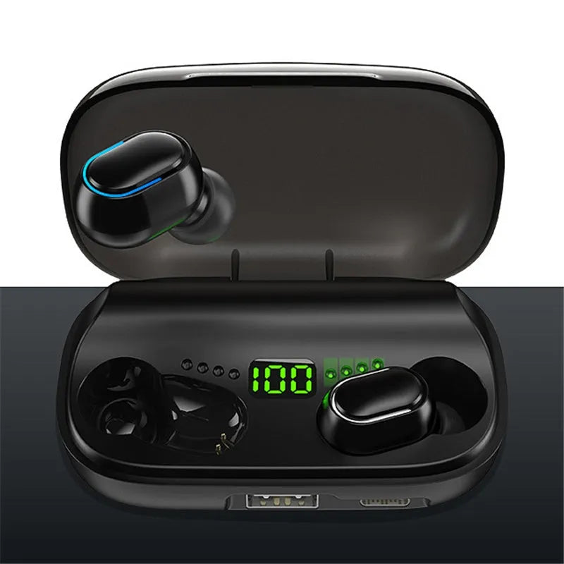 Black TWS digital display XT01 Bluetooth headphones with charging case showing white and blue indicator lights.