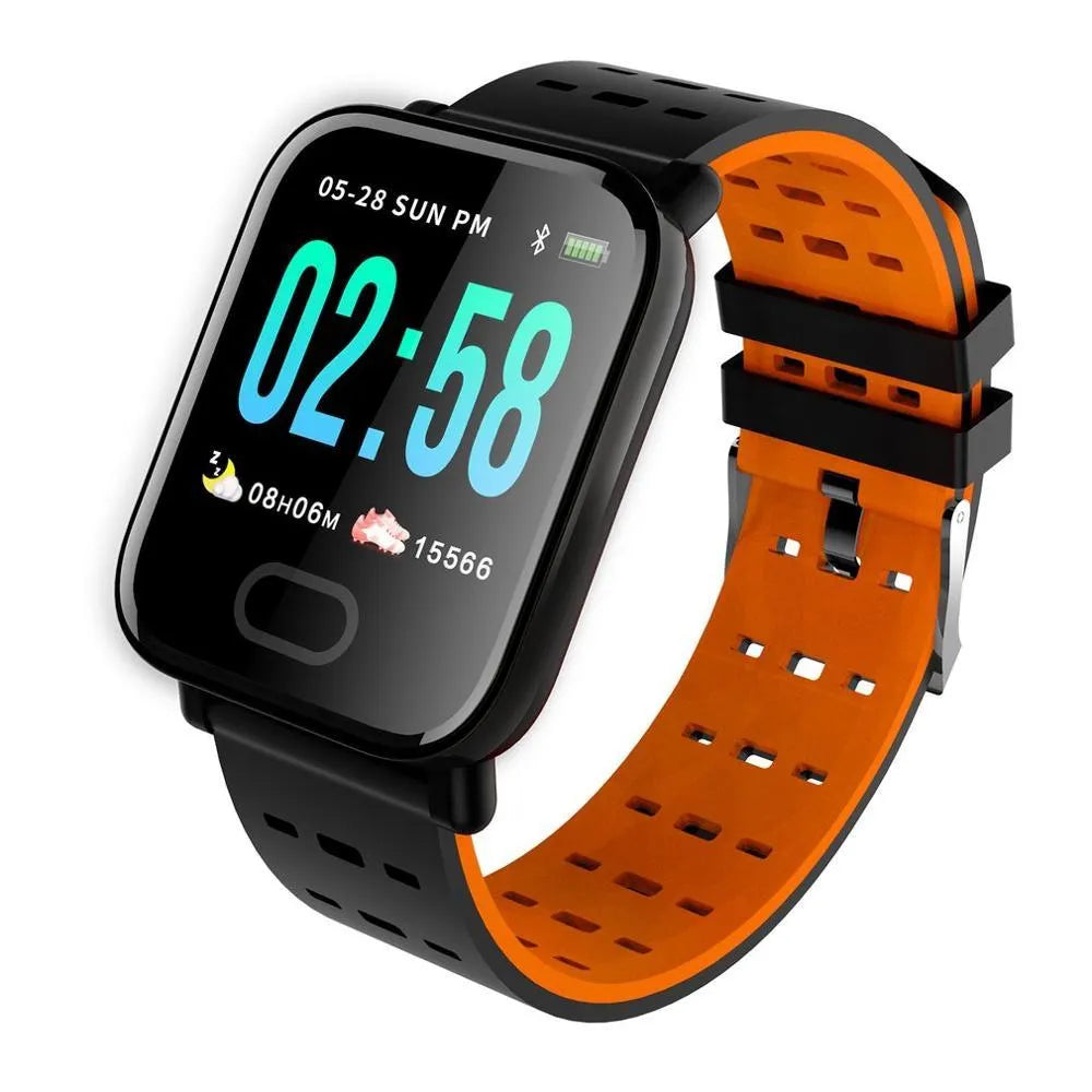 A6 smart bracelet with colour screen showing fitness metrics, silicone strap in blue, black, or orange options