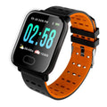 A6 smart bracelet with colour screen showing fitness metrics, silicone strap in blue, black, or orange options