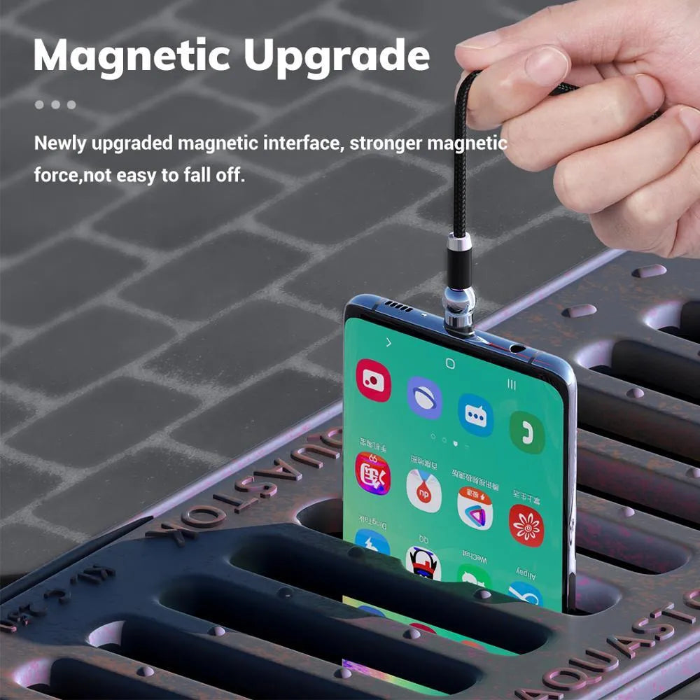Black spherical magnetic charging cable with LED light showing aluminium alloy connector