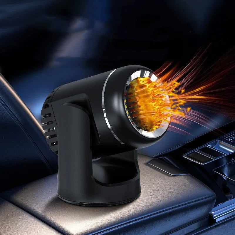 Black and white 12V portable car heater with hot cold warm settings for vehicle defrosting