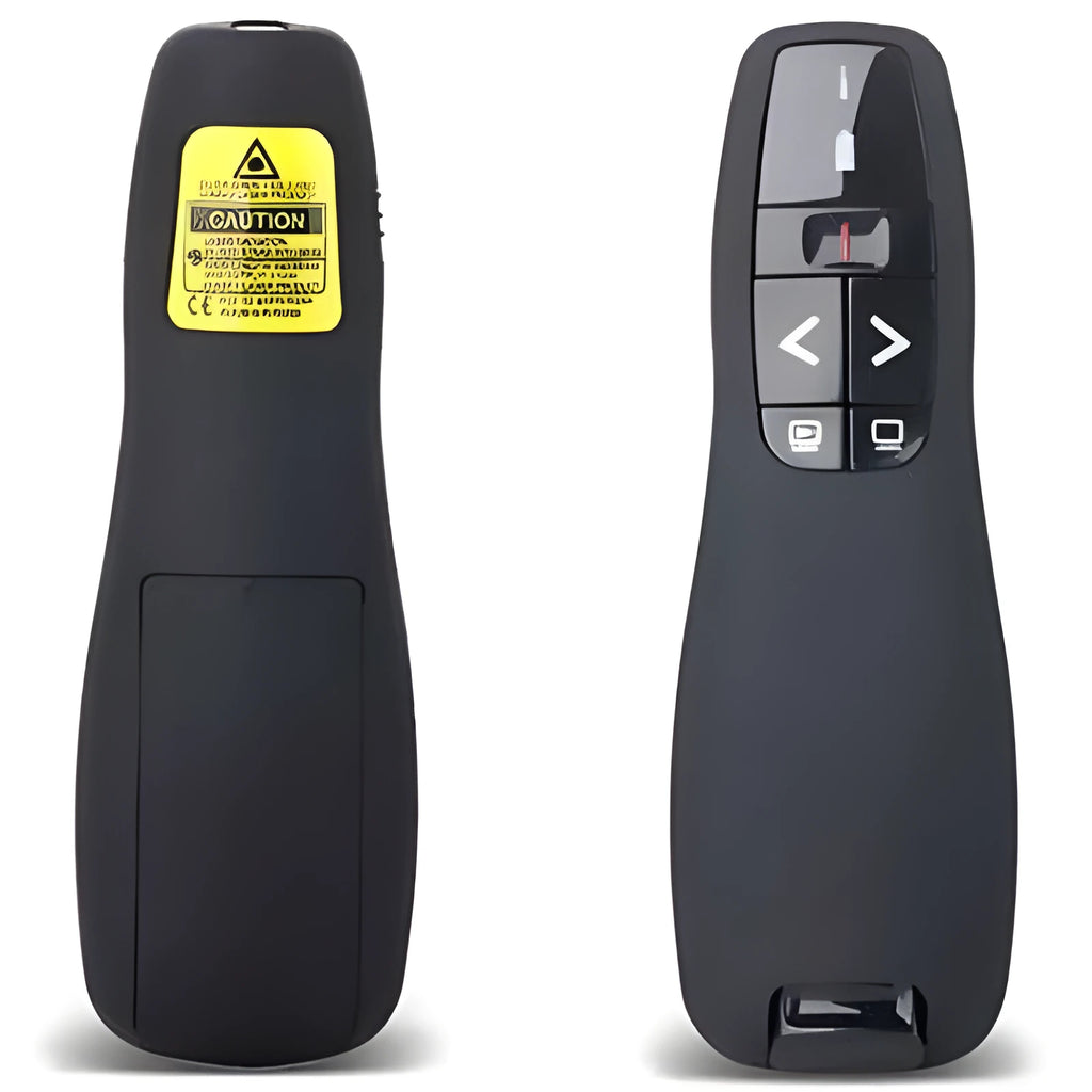 Black wireless laser pointer remote control for presentations with USB receiver stored inside