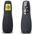 Black wireless laser pointer remote control for presentations with USB receiver stored inside