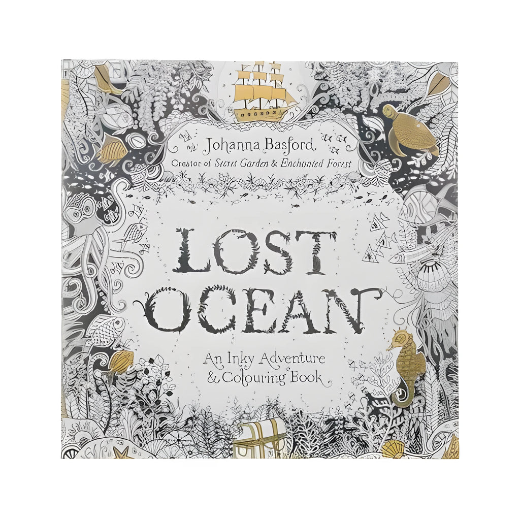 Lost Ocean colouring book with 24 marine illustrations, spiral bound, 25 cm by 25 cm, with 12 coloured pencils
