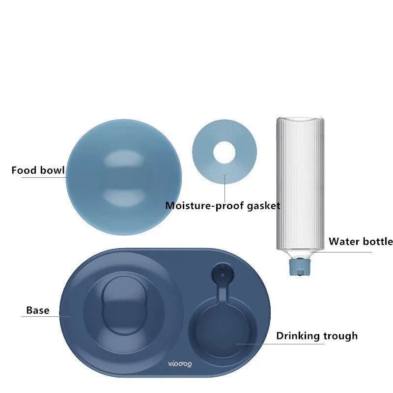 Double bowl automatic pet feeder with 600ml water bottle, adjustable 0° or 15° base, plastic bowls for small dogs and cats