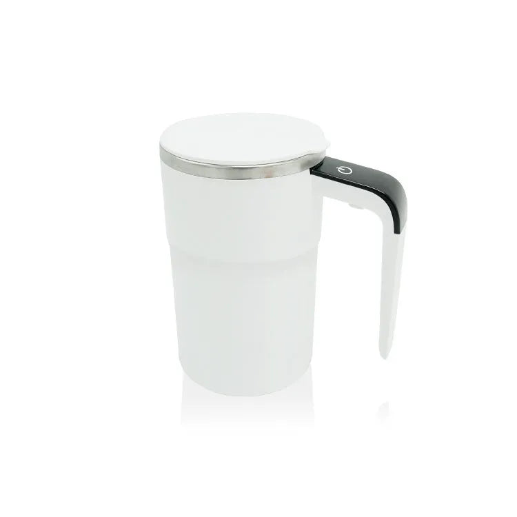 White electric stirring mug with LCD temperature display and magnetic stirrer base