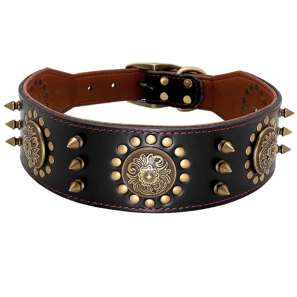 Leather stud dog collar for large dogs, adjustable, brown or black, sizes L and XL