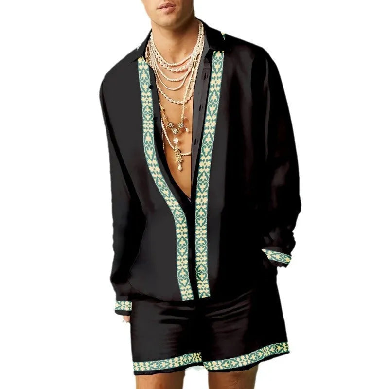 Men's casual summer shirt and shorts set in slim fit with long sleeves, colour-matched design, sizes S to 5XL