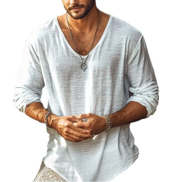 V-neck long-sleeved t-shirt in beige, slim-fit design, made from hemp blend fabric, sizes S to XXXL